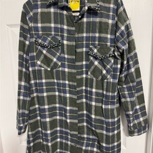 Green Plaid Long Shirt with Beaded Pockets